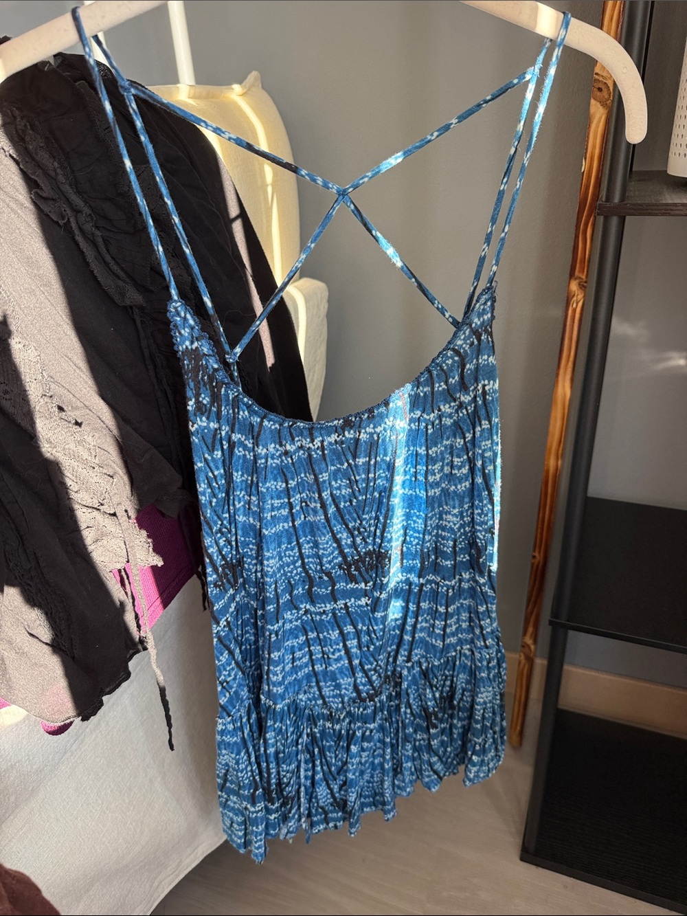 Free People Blue Patterned Crisscross-Back Camisole